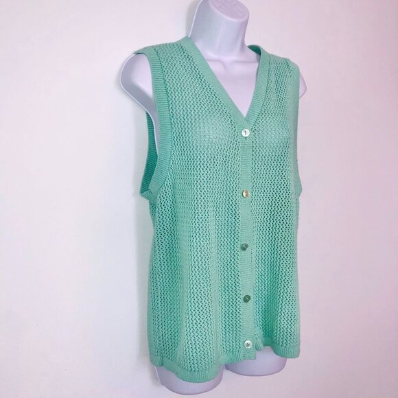 Vintage 80s Womens M Sweater Vest Mint Green Knit Button Down Cardigan Sleeveles - Picture 3 of 6
